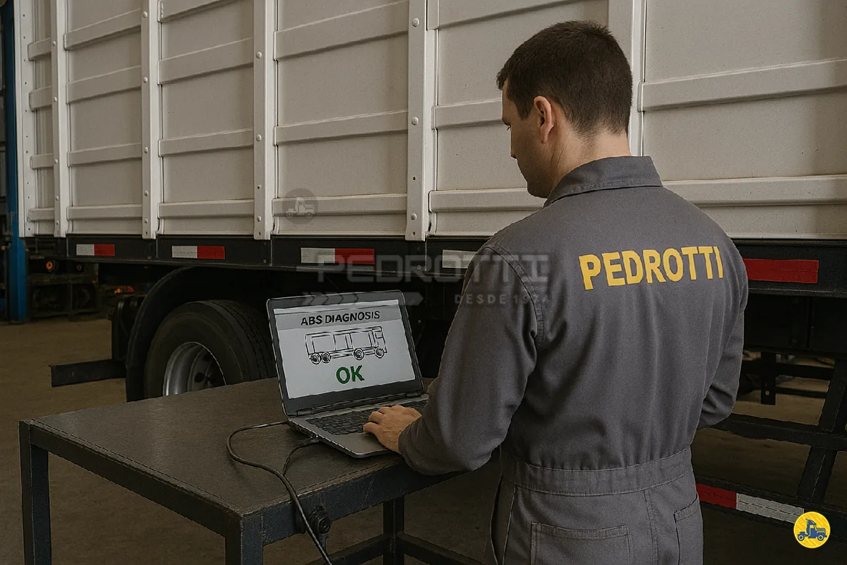 Técnico Pedrotti realizando diagnóstico no implemento